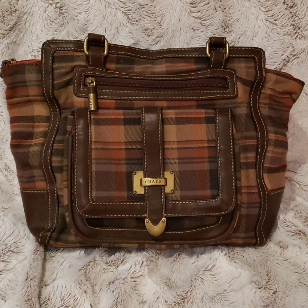 Chaps plaid fabric, leather purse